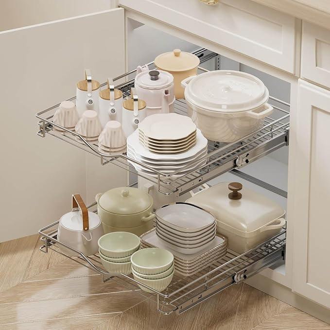 OCG 2 Tier Pull Out Cabinet Organizer (22.5" W x 21.5" D), Pull Out Drawers for Kitchen Cabinets, Pull Out Shelves for Base Cabinet Organization in Kitchen Bathroom Pantry, Chrome Finish - NeatNest