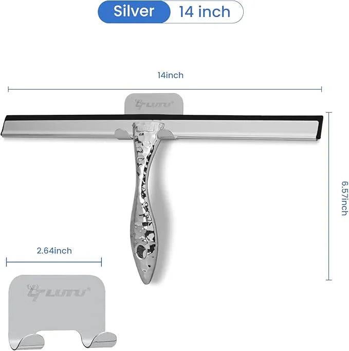 All-Purpose Silicone Shower Squeegee for Shower Glass Door,with 1 Hooks,for Bathroom Glass, Car, Tile Wall, Mirror Cleaning - Flower Shaped Handle for Easy-Grip 14 Inch Silver - NeatNest