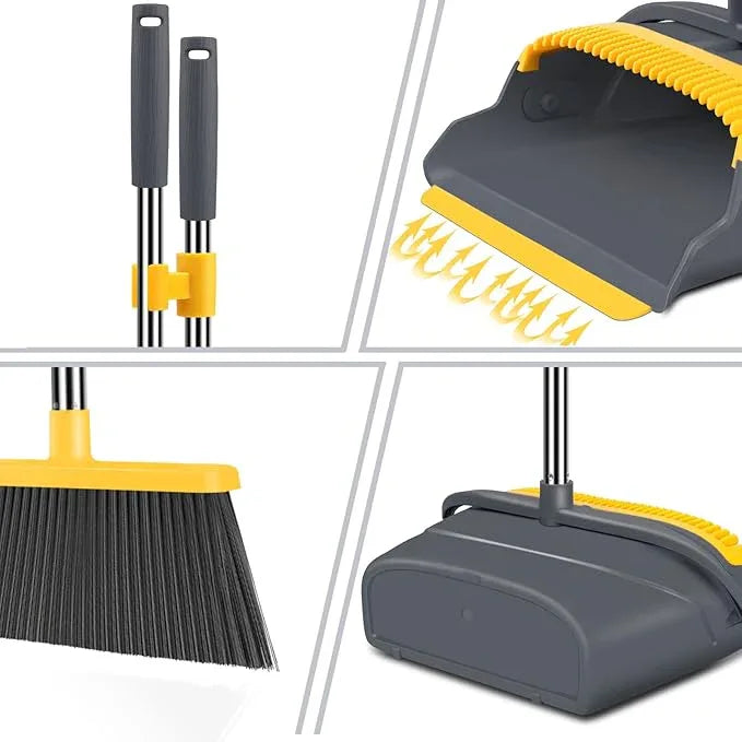kelamayi Upgrade Broom and Dustpan Set, Broom with Dustpan Combo Set, Self-Cleaning with Dustpan Teeth, Indoor&Outdoor Sweeping, Stand Up Broom and Dustpan (Gray&Yellow) - NeatNest
