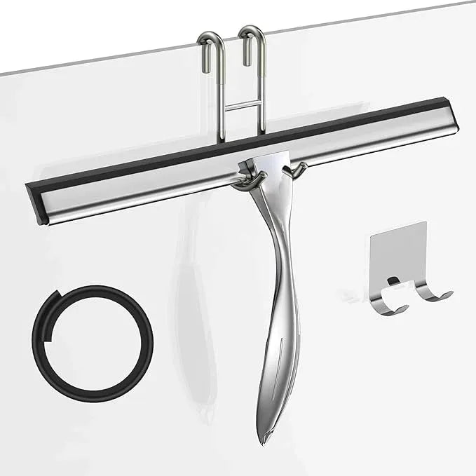 14-Inches Stainless Steel Shower Squeegee Set, Include Shower Door Hook, Adhesive Hook and Spare Silicone Blade, Window Squeegee for Shower Glass Door, Bathroom, Mirror, Window and Car Glass - NeatNest