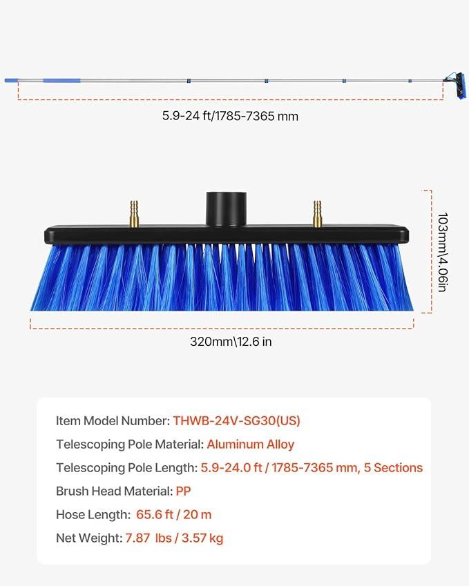 VEVOR Water Fed Pole Kit, 24FT Solar Panel Cleaning Pole with Extendable Handle, 180° Rotatable Brush Head & 65.6FT Hose, Household & Outdoor Window Cleaner Tool for Caravan Solar Panel Deck - NeatNest