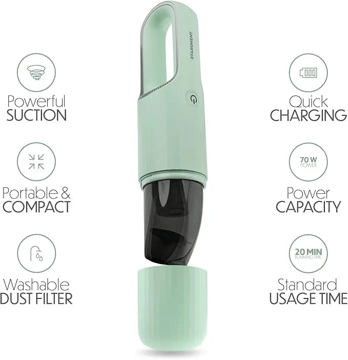 STARUMENT Vacuum Cleaner for Dust, Pet Hair Dirt Home, Car Interior Lightweight, Portable, Handheld, Cordless, Easy to Use, Compact Design Battery Rechargeable with USB-C Cable (Mint Green) - NeatNest