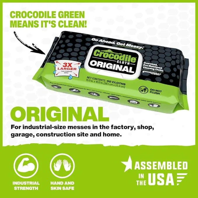 Crocodile Cloth Original Cleaning Wipes – 50 (15” x 10”) Hand & Tool Industrial Cleaning Wipes – Large Multi-Surface Cleaning Cloths, Water-Based Solution with Extreme Cleaning Power — Safe on Skin - NeatNest
