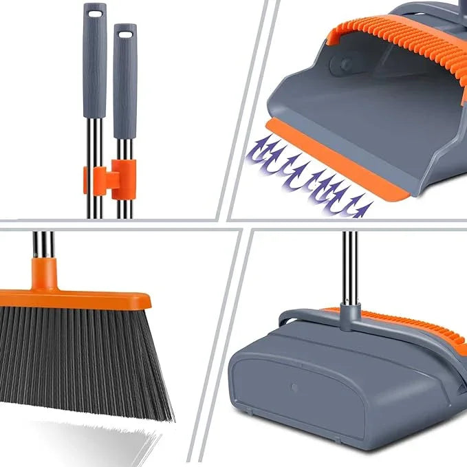 kelamayi Upgrade Broom and Dustpan Set, Self-Cleaning with Dustpan Teeth, Indoor&Outdoor Sweeping, Ideal for Dog Cat Pets Home Use, Stand Up Broom and Dustpan (Gray&Orange) - NeatNest