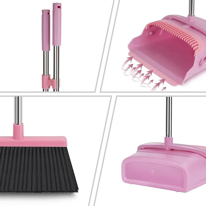 kelamayi Broom and Dustpan Set for Home, Office, Indoor&Outdoor Sweeping, Stand Up Broom and Dustpan (Pink) - NeatNest