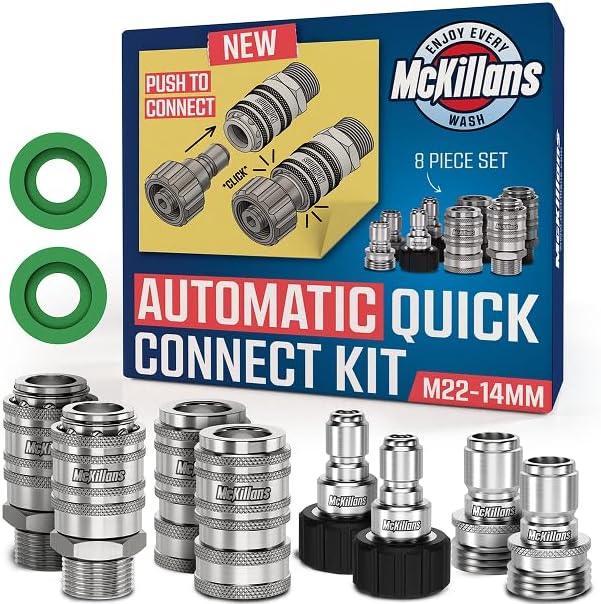 McKillans® 2025 Automatic M22-14mm Pressure Washer Quick Connect Kit - M22 to 3/8 Quick Connect Pressure Washer Fittings - Power Washer Accessories - Hose Adapter Set - 8-Piece Kit (Stainless Steel) - NeatNest