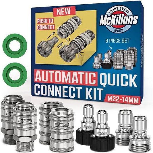 McKillans® 2025 Automatic M22-14mm Pressure Washer Quick Connect Kit - M22 to 3/8 Quick Connect Pressure Washer Fittings - Power Washer Accessories - Hose Adapter Set - 8-Piece Kit (Stainless Steel) - NeatNest