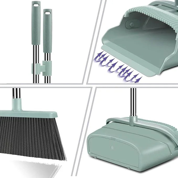 kelamayi Upgrade Broom and Dustpan Set, Large Size and with Long Handle, Upright,Ideal for Indoor Outdoor Garage Kitchen Room Office Lobby Use (Green) - NeatNest