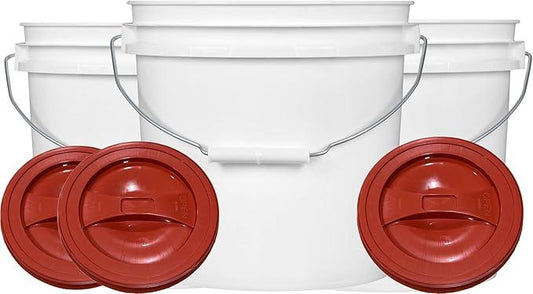 House Naturals 2 Gallon White Bucket with Screw on Lid - Pack of 3 Made in USA contrainers (White Buckets with Red Lids) - NeatNest