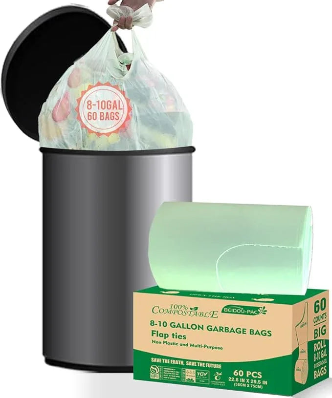 8-10 Gallon Flap Tie Compostable Trash Bags, 60 Count, Compost Bags Kitchen Trash Bags, Sturdy Biodegradable Garbage Bags Food Scrap Waste Bags, ASTM D6400, US BPI Certified - NeatNest