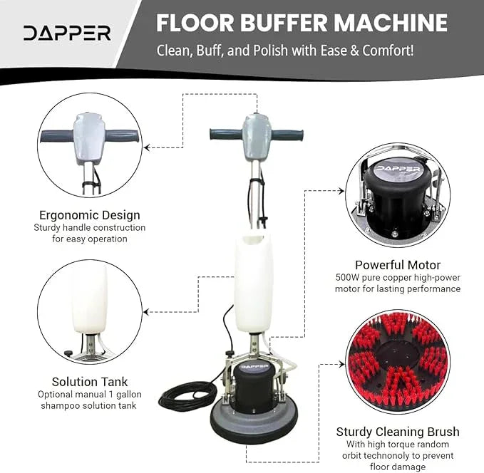 13" Heavy-duty Multi-Functional Floor Buffer Polisher Machine - Clean, Buff, Scrubb and Polish with Ease! Ideal for Carpets Too! Includes Optional Solution Tank, 2 Brushes and 3 Scouring Pads - NeatNest