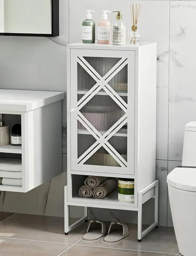 Metal Storage Cabinet with Adjustable Shelves, 42.51"H Freestanding Organizer for Pantry, Kitchen, Bathroom & Laundry Room, Strong & Rust-Resistant, Easy Assembly (White+Transparent Door Panel) - NeatNest