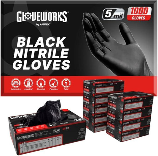 GLOVEWORKS Black Disposable Nitrile Industrial Gloves 5 Mil, Latex/Powder-Free, Food-Safe, Textured - NeatNest