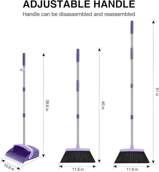 NACENA Broom and Dustpan Set, 52-in Long Adjustable Handle Broom Dustpan Combo with Dustpan Teeth to Automatically Clean Hair Suitable for Home Kitchen Office Hall Floor (Purple), 4 Pack - NeatNest