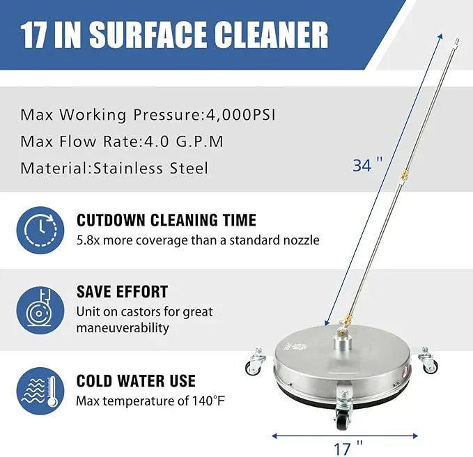 janz 17" Pressure Washer Surface Cleaner with 4 Wheels, 1/4" Quick Plug, 2 Extension Wands, 2 Replacement Nozzles and 3 Spray Nozzles, 4000 PSI - NeatNest