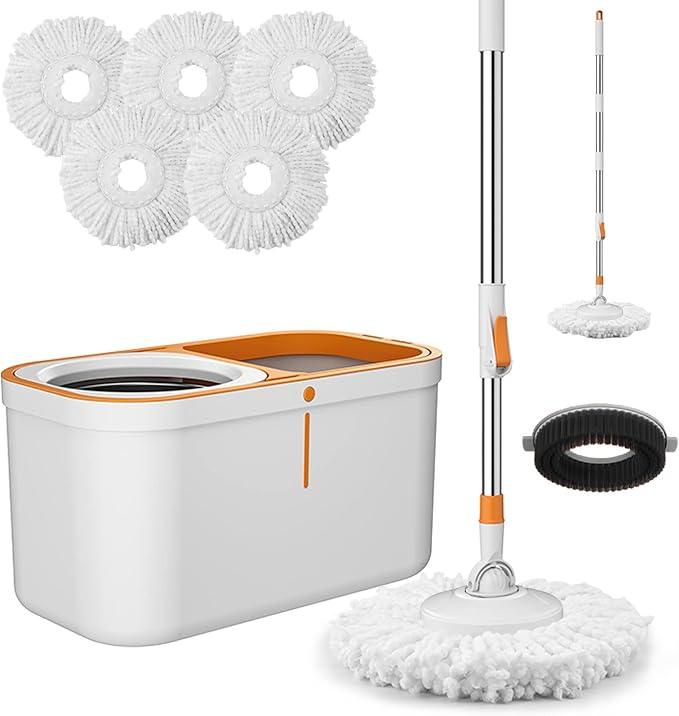 Spin Mop Bucket with Wringer System Extended Mop Handle 61＂Mop and Bucket for Floors Cleaning with 5 Replacement Head Refill 1 Cleaning Brush Head - NeatNest