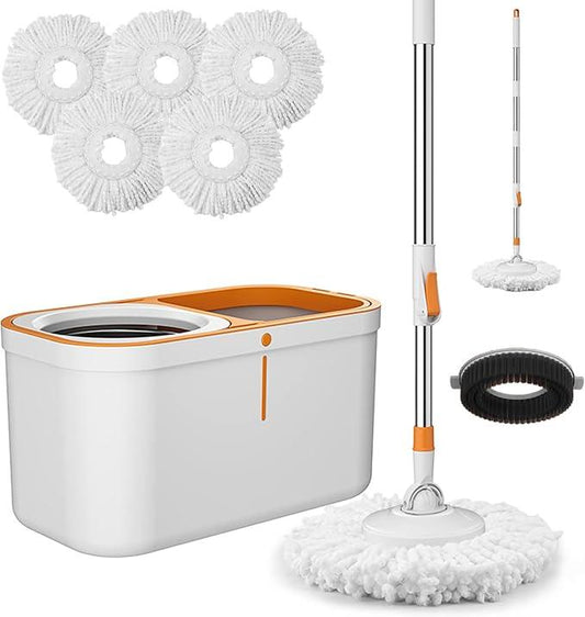 Spin Mop Bucket with Wringer System Extended Mop Handle 61＂Mop and Bucket for Floors Cleaning with 5 Replacement Head Refill 1 Cleaning Brush Head - NeatNest