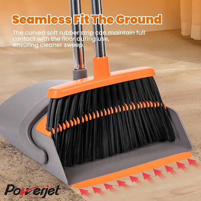 POWERJET Upright Broom & Dustpan Set (420900), Angled Lobby Broom, Exclusive Long Handle Extendable 52”, Self-Cleaning with Dustpan Teeth, Sweeping Indoor & Outdoor Home & Office Cleaning - NeatNest