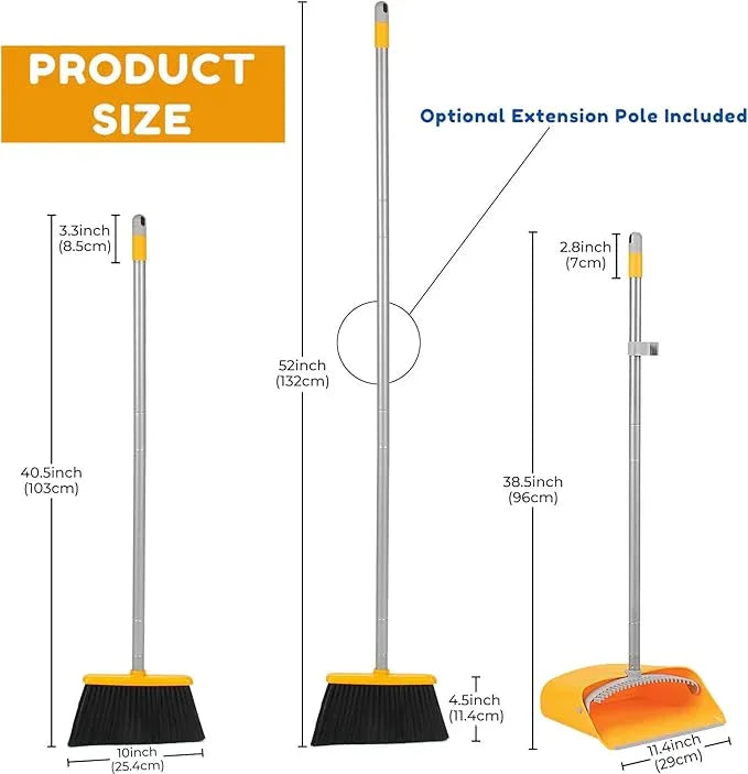 Broom and Dustpan Set with Long Handle 52", Standing Broom and Dust Pan Set for Home Kitchen Room Office Lobby Yellow - NeatNest