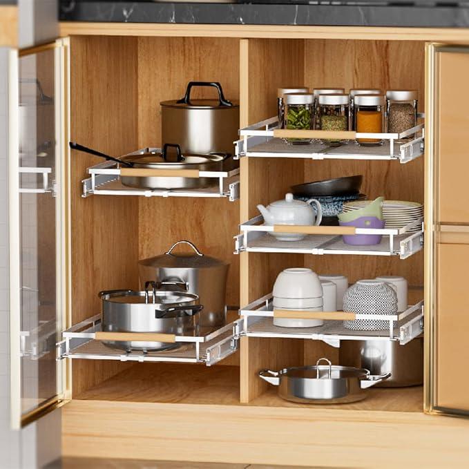 Expandable Pull Out Cabinet Drawer, Slide Out Shelves Heavy Duty Metal, Kitchen Pantry Under Sink Storage Roll Out Drawer for Pots, Pans, 22.4''Deep(3 Pack) - NeatNest