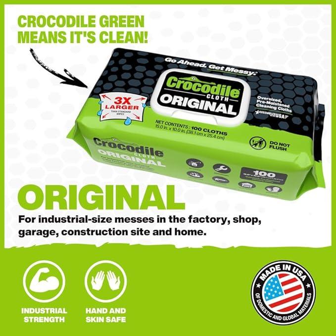 Crocodile Cloth Original Cleaning Wipes – 100 (15” x 10”) Hand & Tool Industrial Cleaning Wipes – Large Multi-Surface Cleaning Cloths, Water-Based Solution with Extreme Cleaning Power — Safe on Skin - NeatNest