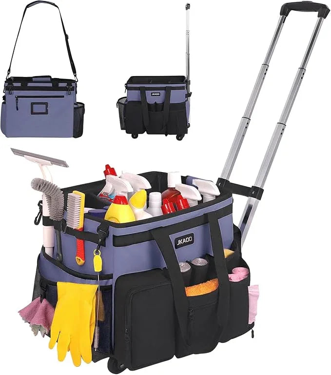 Large Rolling Cleaning Caddy Bag with Detachable Trolley, Waterproof Cleaning Caddy on Wheels for Housekeepers, Cleaning Cart Supplies Organizer for Home,Car,Office,Picnic (Denim Blue)(InPatent) - NeatNest