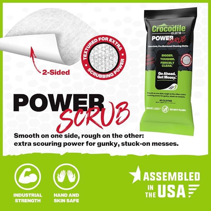 Crocodile Cloth PowerSCRUB Cleaning Wipes – 10 (15" x 10") Dual-Surface Cloths, Heavy-Duty, Moist, Absorbent, & Disposable - Safe on Skin & Multiple Surfaces - NeatNest