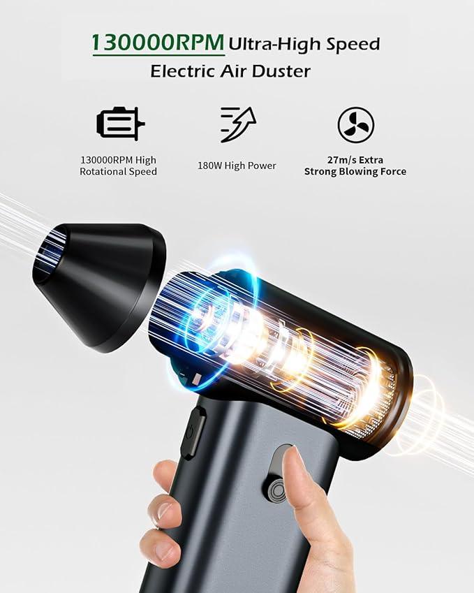 Compressed Air Duster, Electric Air Duster 130000RPM Cordless Rechargeable Motor Portable Blower, Adjustable Mini Blower for Computer, Keyboard, Outdoor, House and Car, Replaces Compressed Air Cans - NeatNest