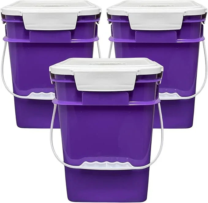 House Naturals 4 Gallon Square Food Grade Bucket Pail with Plastic Handles and Lid (Pack of 3) Made in USA containers (Purple) - NeatNest