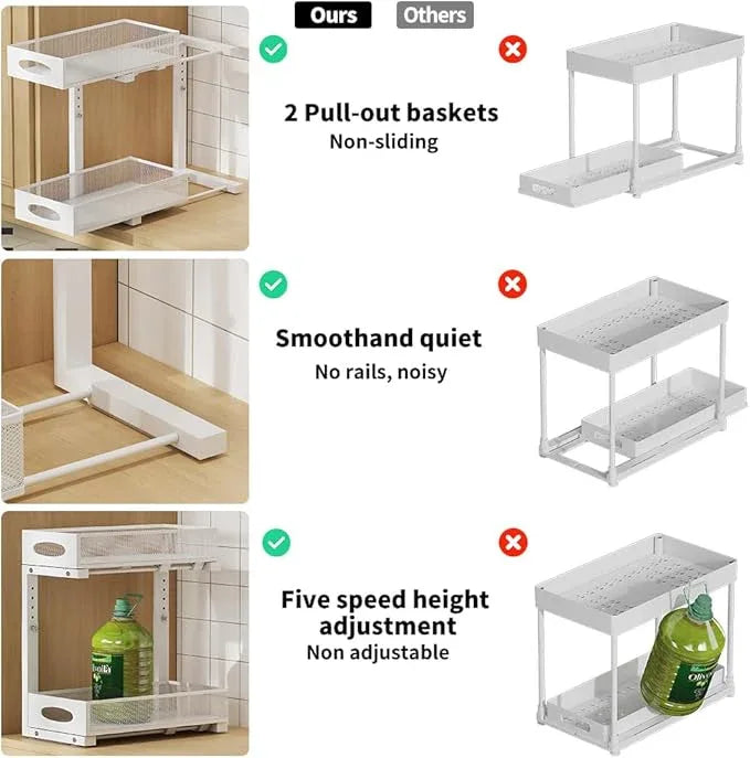 Under Sink Organizer, 2-Tier Pull Out Cabinet Organizer with Adjustable Height, Use in Kitchen Bathroom Cabinet and Countertop Storage, White - NeatNest