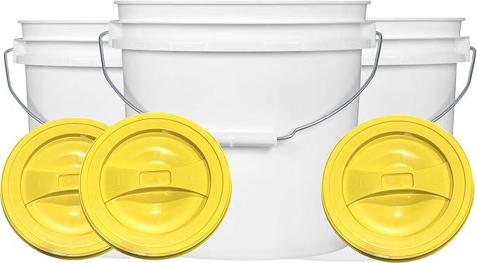 House Naturals 2 Gallon White Bucket with Screw on Lid - Pack of 3 Made in USA contrainers (White Buckets with Yellow Lids) - NeatNest