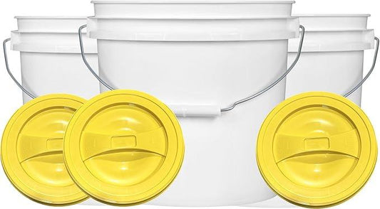 House Naturals 2 Gallon White Bucket with Screw on Lid - Pack of 3 Made in USA contrainers (White Buckets with Yellow Lids) - NeatNest