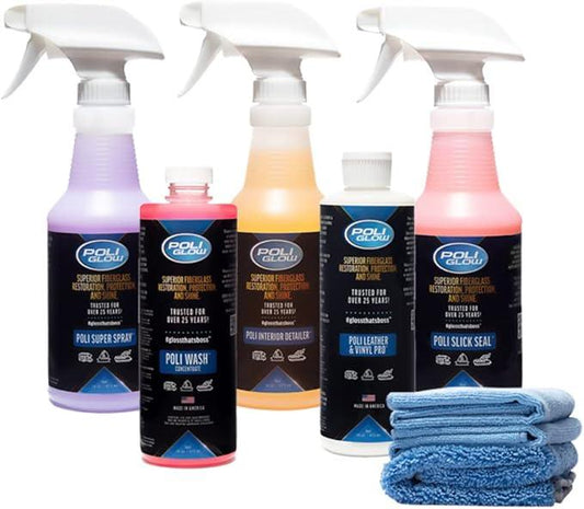 Poli Glow® 16 oz Vehicle Detailing Kit – All-in-One Cleaner & Protectant Set for Cars, Boats & RVs – Includes Interior, Exterior, Leather & Ceramic Detailers + Microfiber Towels – 7-Piece Kit - NeatNest