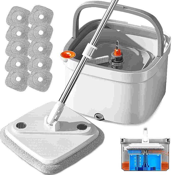 Spin Mop and Bucket Set with Self Separation System 360° Spinning Self-Wringing, Square Clean Mop and Bucket with Wringer-with Replaceable Mop (Light Grey Mop and Bucket Set 10pads) - NeatNest
