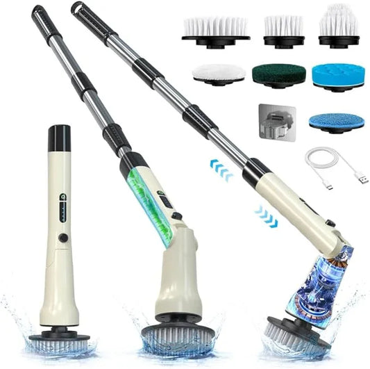 Electric Spin Scrubber, Hillyfe Bath Scrubber for Cleaning with 7 Replaceable Brush Heads, IPX7 Waterproof,300/400 RPM, 3 Adjustable Size,Cordless Shower Cleaner Brush for Bathroom Floor,Beige - NeatNest