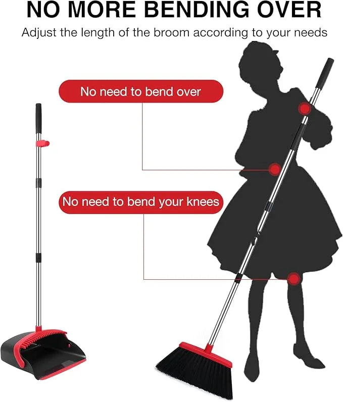 NACENA Broom and Dustpan Set, 52-in Long Adjustable Handle Broom Dustpan Combo with Dustpan Teeth to Automatically Clean Hair Suitable for Home Kitchen Office Hall Floor (Black&Red), 2 Pack - NeatNest