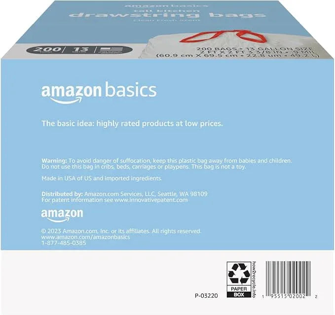 Amazon Basics Scented Trash Bags, Tall Kitchen Drawstring, Clean Fresh Scent, 13 Gallon, 200 Count, Pack of 1 - NeatNest