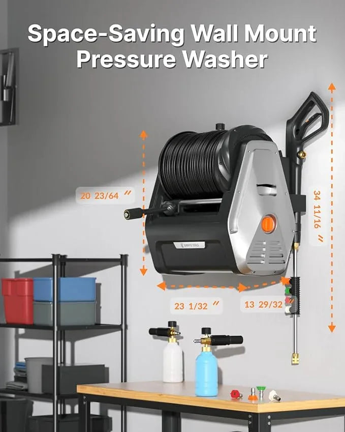 Giraffe Tools Wall Mounted Pressure Washer G30 with Upgraded 1800W Motor, Max 2900 PSI, 2.2 GPM Electric Power Washer with 100ft Retractable Black Pressure Hose, Automatic Rewind, Light Silver - NeatNest