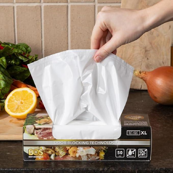 BOS Odor-Sealing Kitchen, Home & Food Small Trash Bags for Waste- Disposable Bags - Scent & Smell Free (50 Bags) [Size XL, Color White] (Pack of 1) - NeatNest