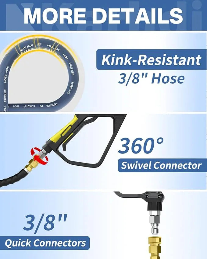 Pressure Washer Hose 125FT 3/8" for Cold and Hot Water 212°F, with Swivel Quick Connect, 4500PSI Kink Resistant Grade Steel Wire Braided, Power Washer Hose With 2pcs M22-14mm Adapter - NeatNest