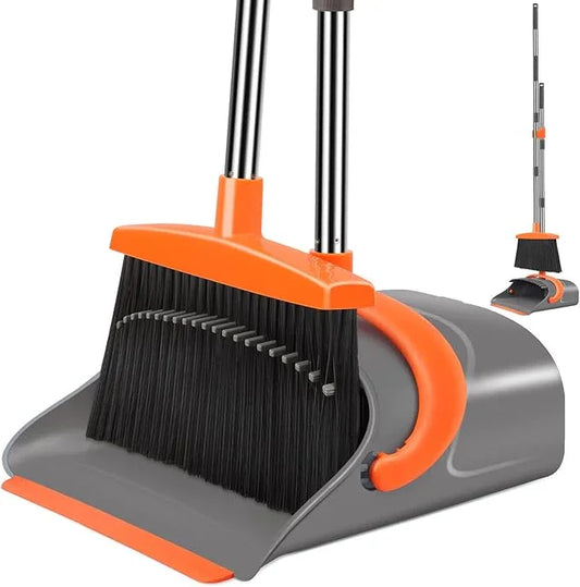 Broom and Dustpan Set for Home, Broom and Dustpan Combo for Office, Long Handle Broom with Upright Standing Dust pan,Indoor&Outdoor Sweeping (Gray&Orange) - NeatNest