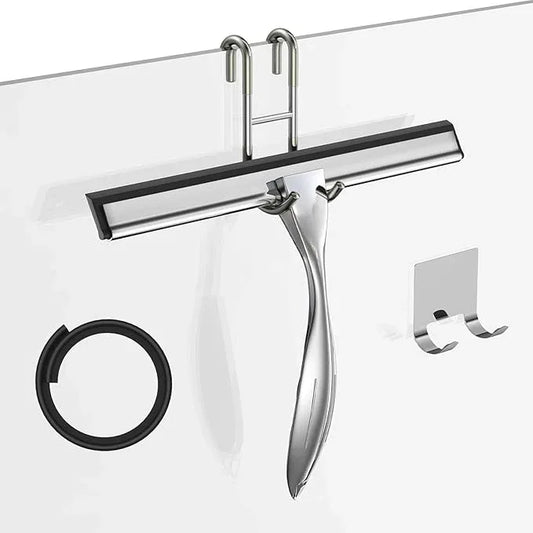 Shower Squeegee Set, 10-Inch Stainless Steel Squeegee for Bathroom, Shower Doors, Mirrors, Tiles, and Car Windows - 100% Streak Free, Includes Shower Door Hook, Adhesive Hook and Spare Silicone Blade - NeatNest