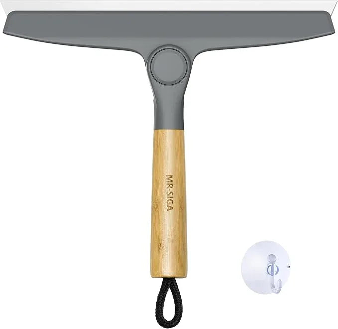 MR.SIGA All Purpose Silicone Squeegee for Shower Door, Mirror, Glass, Streak Free Shower Squeegee, Pivoting Bamboo Handle, Includes 1 Suction Hook, 10 inch Wide, Gray, 1 Pack - NeatNest
