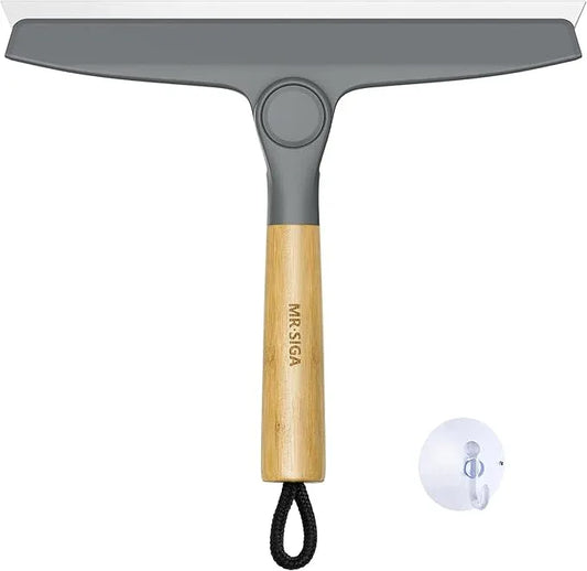 MR.SIGA All Purpose Silicone Squeegee for Shower Door, Mirror, Glass, Streak Free Shower Squeegee, Pivoting Bamboo Handle, Includes 1 Suction Hook, 10 inch Wide, Gray, 1 Pack - NeatNest
