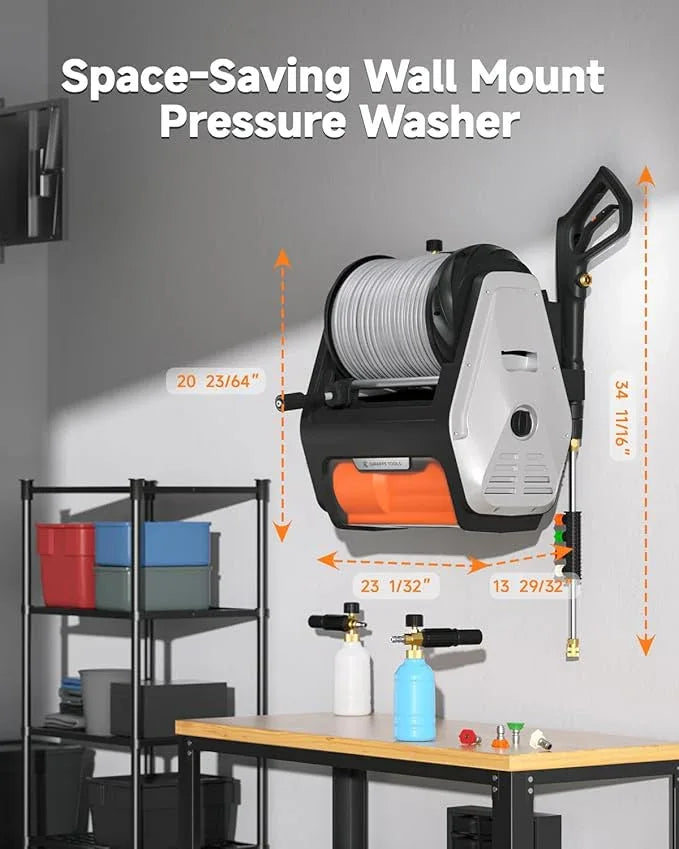 Giraffe Tools Wall Mount Pressure Washer PRO with Max 3700PSI 1.6 GPM, Upgraded 1800W Brushless Motor, Electric Power Washer with 100ft Pressure Hose, 4-Nozzles, Foam Cannon, Automatic Rewind - NeatNest