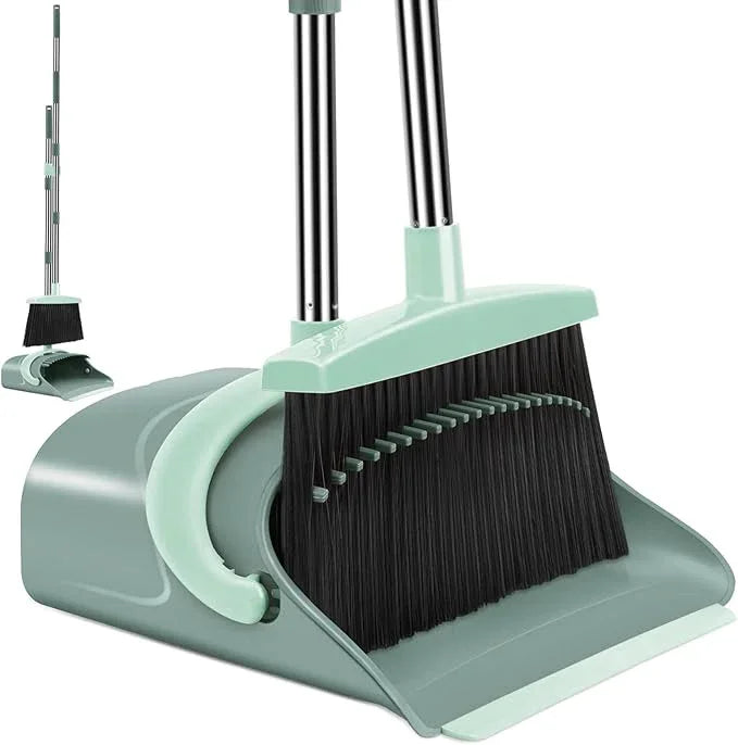 Broom and Dustpan Set for Home, Dust pan with Long Handle, Broom with Dustpan Combo Set, for Home Kitchen Room Office Lobby Floor Use Upright Stand Up Sweeping (Gray&Green) - NeatNest