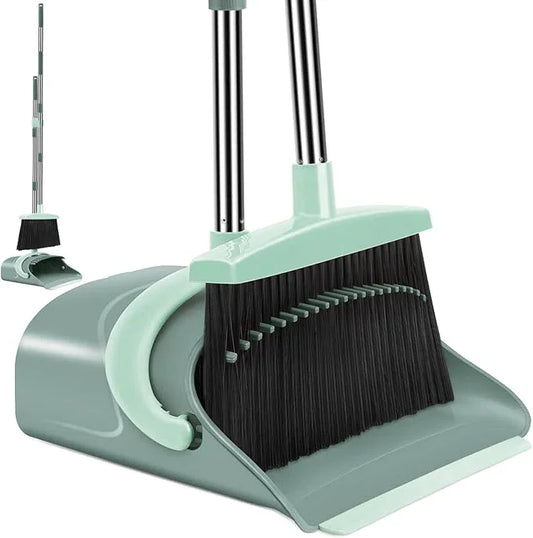 Broom and Dustpan Set for Home, Dust pan with Long Handle, Broom with Dustpan Combo Set, for Home Kitchen Room Office Lobby Floor Use Upright Stand Up Sweeping (Gray&Green) - NeatNest