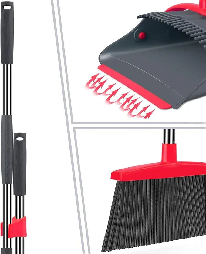Broom and Dustpan Set,Broom with Dustpan Combo Set Dust pan with Long Handle, for Home Kitchen Room Office Lobby Floor Use Upright Stand Up(Gray&Red) - NeatNest