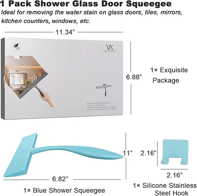Squeegee for Shower Glass Door, 11-Inch Shower Squeegee for Glass Doors, Bathroom Silicone Squeegees Wiper for Shower with Non-Slip Handle, No-Drilling Silicone Hanging Hook, for Tiles (Blue) - NeatNest