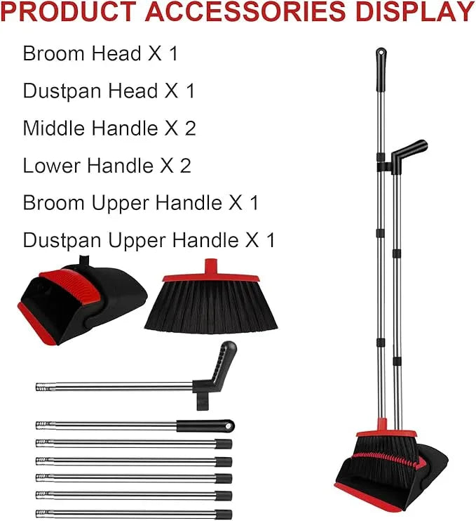 Broom and Dustpan Set for Household, Red Broom with Dustpan Combo Set, 51" Long Handle Dust pan Set for Dog Cat and Hair Clean - NeatNest